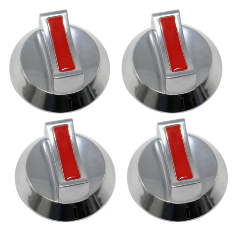 Universal Gas Stove Control Knob Set With Four Stem Adapters For Propane And Natural Gas, silver knobs with red accents.