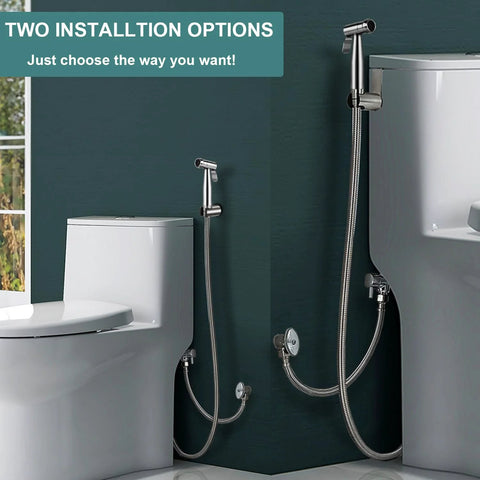 Handheld Bidet Sprayer For Toilet With Premium SUS304 Stainless Steel Attachment Set And Leak Free Design installed next to toilet