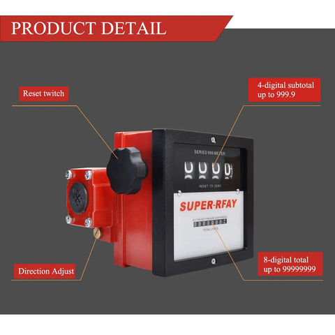 1 Inch Mechanical Fuel Meter For Diesel And Gasoline Transfer Pumps, High Viscosity Liquid Flow Gauge With Large Display, 4 Digit Subtotals Resettable And 8 Digit Total Readout, Durable, Easy To Read Fuel Flow Meter For Quick Tank Transfers. Front view of resettable 1 inch mechanical fuel meter