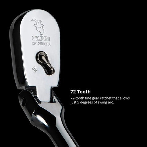 Half Inch Drive Low Profile Flex Head Ratchet With True 72-Tooth Gear showing close-up of head and on/off switch
