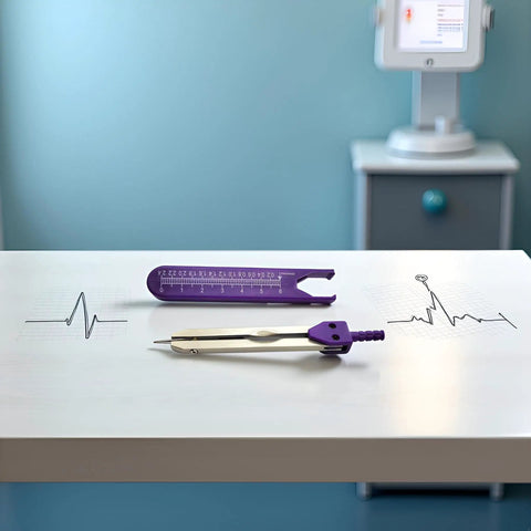 ECG Calipers Measuring Tool For Nurses And Docs with purple accent on table with electrocardiogram background in clinical setting