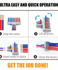 Six Pack SPL-82 Lever Nut Quick Connect Wire Connectors 2 In 8 Out Terminal Blocks, lift-lever wiring steps shown