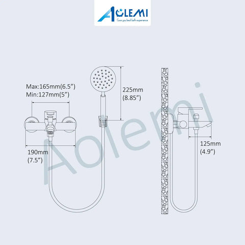 Technical drawing of Brushed Nickel Tub Filler With Wall Mount And Handheld Sprayer, 6 Inch Center, SUS304 Steel dimensions shown
