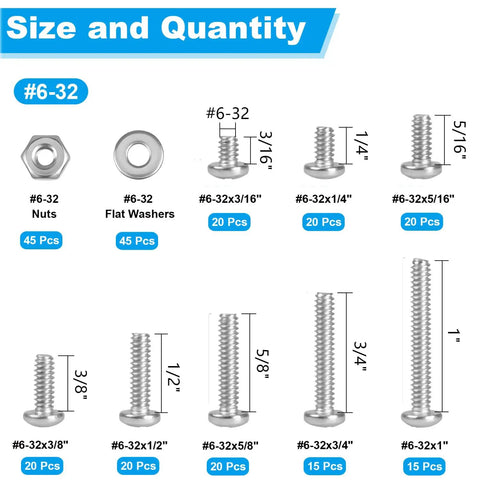 240 Piece Stainless Steel Phillips Pan Head Machine Screws Nuts And Washers Set With Coarse Fully Machine Threads Includes Size Six Thirty Two And Size Eight Thirty Two Screws In Sizes From Three Sixteenths Inch To One Inch 304 Stainless Kit size and quantity chart