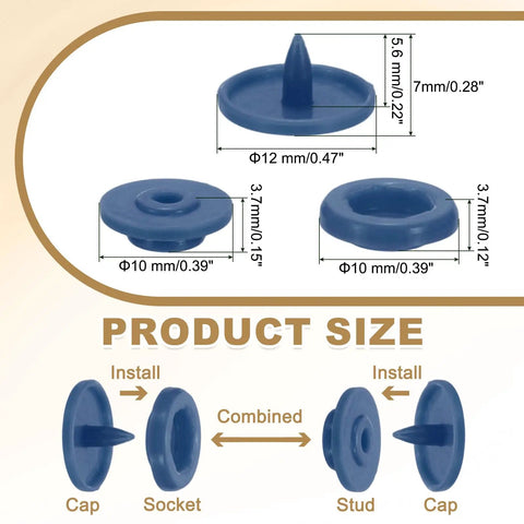 Diagram showing 100 Sets No Sew Resin Snap Buttons Kit In Dark Blue For Fabric Sewing Crafts Clothing And Bags