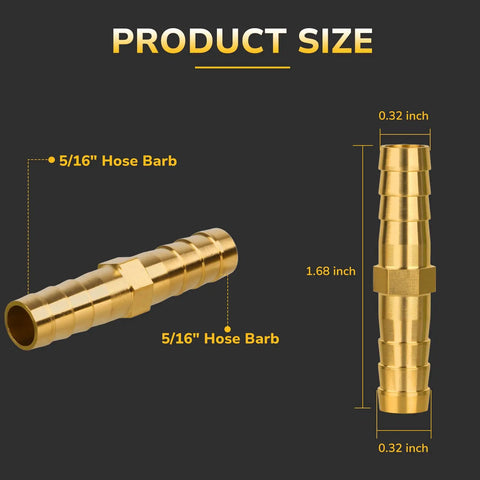 5/16 Inch Brass Hose Barb Union Splicer Kit with product dimensions and details shown on a dark background.