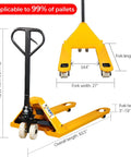 Hustle Heavy Freight With This Heavy Duty Manual Pallet Jack Featuring 5500 Pound Capacity 48 X 27 Inch Forks And A Smooth Leakproof Hydraulic Pump For No Sweat Factory Moves, showing dimensions and construct details.