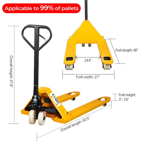 Hustle Heavy Freight With This Heavy Duty Manual Pallet Jack Featuring 5500 Pound Capacity 48 X 27 Inch Forks And A Smooth Leakproof Hydraulic Pump For No Sweat Factory Moves, showing dimensions and construct details.