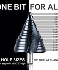 Built Tough Step Drill Bit Set With Fifteen Progressive Steps From One Quarter Inch To Two And One Half Inches M35 HSS Cobalt TiAlN Coating Delivers Sixty Eight Percent Faster Drilling And Four Hundred Fifty Percent Longer Life One Half Inch Shank shown with size markings.