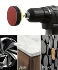Awesome 75mm Red Sanding Disc Kit with 103 Pieces And Drill, showing sanding disc attached to drill for various materials.