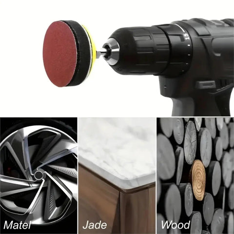 Awesome 75mm Red Sanding Disc Kit with 103 Pieces And Drill, showing sanding disc attached to drill for various materials.