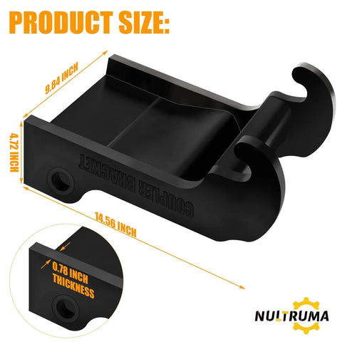 X Change Coupler Bracket for Bobcat Quick Attach Excavator Bucket Mount, Heavy Duty Black Hardened Steel, Rust and Wear Resistant, E Series Compatible, Durable, Easy Install with size dimensions labeled.