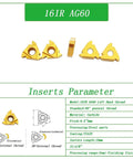 Ten yellow carbide turning inserts 16IR/16ER AG60 for CNC lathe threading; external and internal thread variants