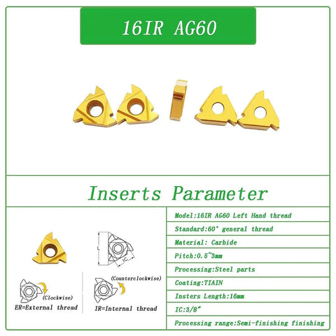 Ten yellow carbide turning inserts 16IR/16ER AG60 for CNC lathe threading; external and internal thread variants