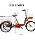 Ultimate 20 Inch Adult Tricycle with large rear basket, steel frame, adjustable seat and handlebars, side view with size details