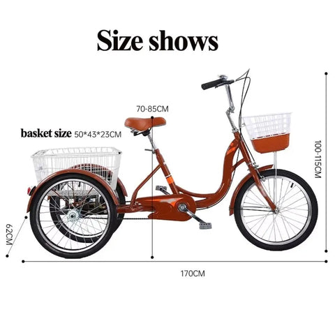 Side view of 20 Inch Adult Tricycle with Large Rear Cargo Basket and Lid, showing dimensions and steel basket