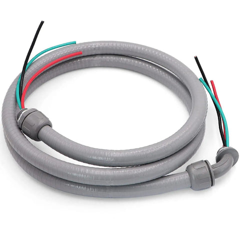 Six Foot 1/2 Inch Electrical A C Whip Kit With Nonmetallic Liquid Tight Flexible Conduit, 10 Gauge Three Conductor Wires And Straight Plus 90 Degree Fittings For Heavy Duty Indoor Outdoor Use coiled with connected fittings
