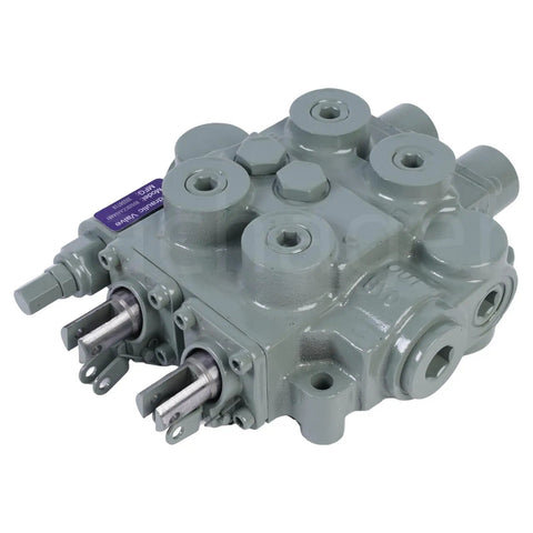 Beefy Heavy Duty Hydraulic Valve For Twin Spool Systems With 25 GPM Flow, Four Way Three Position, Tandem Center, Cast Iron, 3000 PSI, Lever Handle, In Out Three Quarter Inch NPTF, Compatible With Double Acting Valves Nine Six Seven Zero Two.