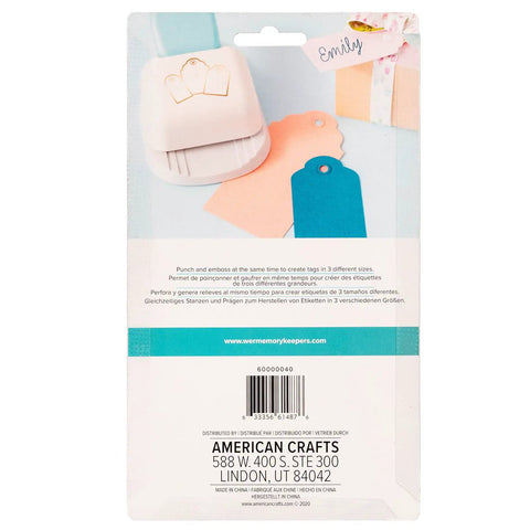 Back packaging of 3-In-1 Round Tag Punch For Crafting And Scrapbooking, showing multi-color tags and tool features