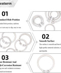 Three close-up images showing features of 20 Pcs Snap Rings Set External Retaining Circlips 52 55 56 58 60 Mm Stainless Steel Silver Tone Shaft Clips For Bearings