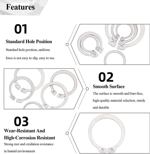 Three close-up images showing features of 20 Pcs Snap Rings Set External Retaining Circlips 52 55 56 58 60 Mm Stainless Steel Silver Tone Shaft Clips For Bearings