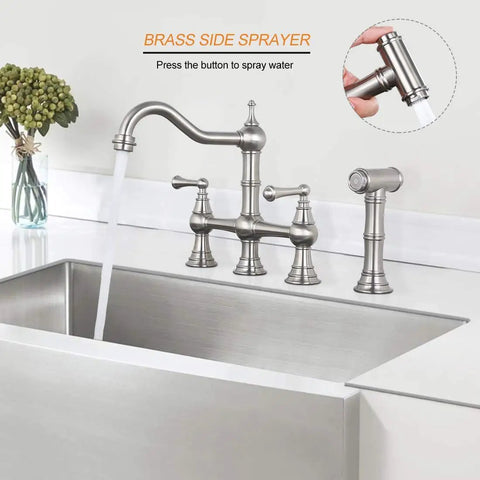 8 Inch Centerset Bridge Kitchen Faucet With Brass Side Sprayer, Brushed Nickel Finish, Dual Handles, 4 Hole Deck Mount in use