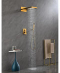 Shower System with Waterfall Rainfall Head, Handheld, Wall-Mounted Faucet featuring gold finish, rectangular overhead spray, and elegant decor.