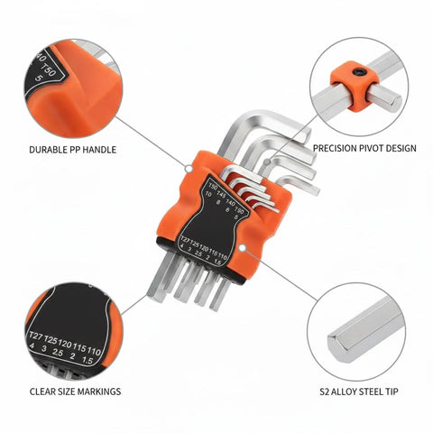 Premium Compact Folding Allen Wrench Set With 9 Essential Hex Key Sizes Crafted From Tough S2 Alloy Steel Perfect For Bike Repair Furniture Assembly And General Home DIY Projects Made For Easy Portability And Smooth Tool Access On Any Job Site, orange handle with size markings