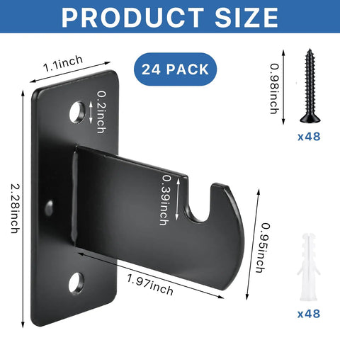 24 Piece Black Metal Gridwall Mount Brackets With Screws for shop, home, garage, and office organization. Dimensions included.
