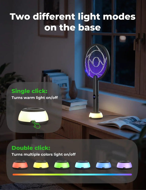 Electric Fly Swatter Bug Zapper Racket 4000V with LED Screen in dual mode setting, on wooden table near window, light modes shown.
