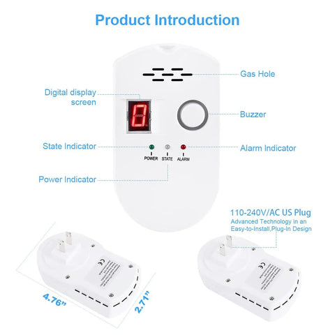 Easy Install Multi Gas Detector For Home With Propane And Natural Gas Leak Alarm High Sensitivity Sensor with LED display and plug.