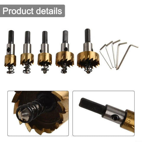 Top Notch 5 Piece Hole Saw Set With Pilot Bits For Stainless Steel Metal Aluminum Alloy Cutting Kits Gold HSS High Speed Steel Durable Tools, 16-30mm
