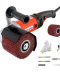 Workhorse 1400W Electric Burnishing Polishing Machine with 8 Variable Speed Settings, two polishing wheels, and accessories displayed.