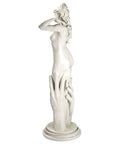 Side view of Contemporary Venus Sculpture For Your Home And Garden Pad Hand Cast Real Crushed Stone With Designer Resin Hand Painted Faux Stone Finish Outdoor Garden Statue Indoor Gallery Decor Elegant Modern Figurine showing elegant form and smooth curves.