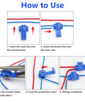 Blue insulated quick-splice wire connectors set, 150 pieces for 22-10 AWG, with step-by-step usage diagram