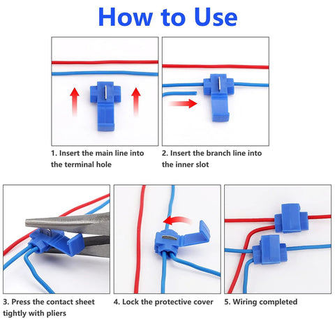 Blue insulated quick-splice wire connectors set, 150 pieces for 22-10 AWG, with step-by-step usage diagram