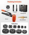 Heavy Duty 15 Ton Hydraulic Knockout Punch Set Workhorse with dies, pull rods, step drill, wrench, and carrying case