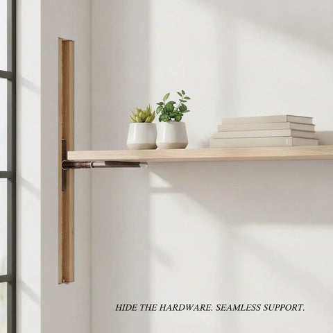 Ultra Slim Low Profile Hidden Floating Shelf Bracket For 6.8 Inch Wood Boards, Invisible Iron Pin Mount, Brown Finish, wall view