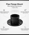Pipe Flange Mount For Industrial Furniture DIY Black Stainless Steel Bracket 1 Inch Anchor shown with design highlights