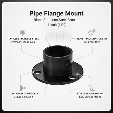 Pipe Flange Mount For Industrial Furniture DIY Black Stainless Steel Bracket 1 Inch Anchor shown with design highlights