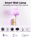 Supleap Battery Operated Wall Sconces Set of 2, Matter Smart Wall Lights with purple shade and gold base.