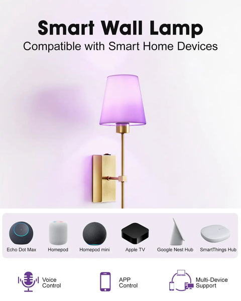 Supleap Battery Operated Wall Sconces Set of 2, Matter Smart Wall Lights with purple shade and gold base.