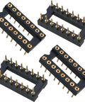 Gold Plated DIP IC Socket Adapter 2 Rows With 16 Round Pins For Soldering PCB Boards shown in black and gold.