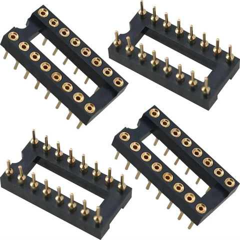 Gold Plated DIP IC Socket Adapter 2 Rows With 16 Round Pins For Soldering PCB Boards shown in black and gold.