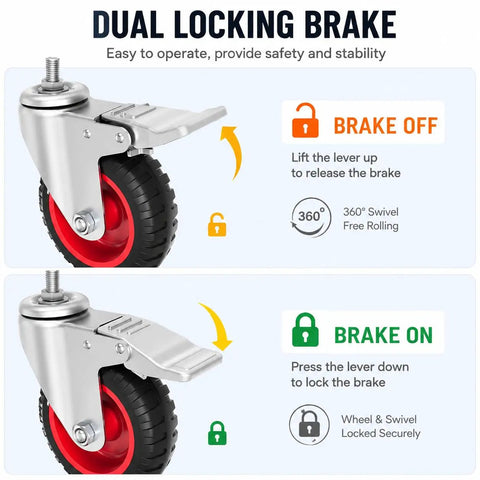 Heavy Duty 3 Inch Swivel Casters With Deadlock Brakes And 3 8 16 Unc Threaded Stems, showcasing dual locking brake mechanism and rubber wheel.