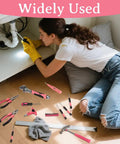 Woman using Pink 103 Piece DIY Tool Kit In A Compact Storage Case Built For Women And Beginners for home repairs under sink.