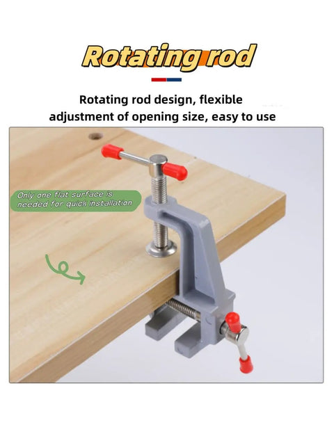 Mini Table Clamp Vise For Your Portable Workbench On The Go Small DIY Vise Aluminum Alloy Clamp Lightweight But Tough Easy Clamp On Flat Surfaces 1 Pack attached to wooden surface