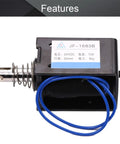 24V 80N Push Pull Solenoid Electromagnet Open Frame Linear Actuator With 20mm Stroke Spring Return Plunger Low Friction Design 10A Current Everyday Workhorse Magnetic Actuator JF 1683B 24V, black open-frame solenoid with blue wires