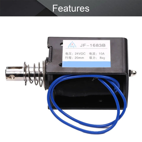 24V 80N Push Pull Solenoid Electromagnet Open Frame Linear Actuator With 20mm Stroke Spring Return Plunger Low Friction Design 10A Current Everyday Workhorse Magnetic Actuator JF 1683B 24V, black open-frame solenoid with blue wires