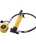 Beefy 20 Ton Hydraulic Cylinder Jack With 2 Inch Stroke, Compact Mini Single Acting Lifting Cylinder With Manual Hydraulic Hand Pump For Machinery And Shipbuilding, Heavy Duty Lift With Protective Stop Ring For Enhanced Safety, yellow jack and hose